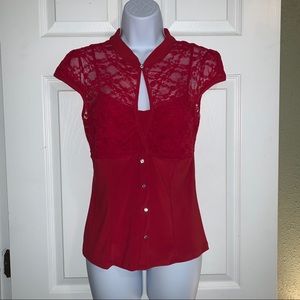 Red Lace Keyhole Top w/ Crystal Buttons by Twin. L